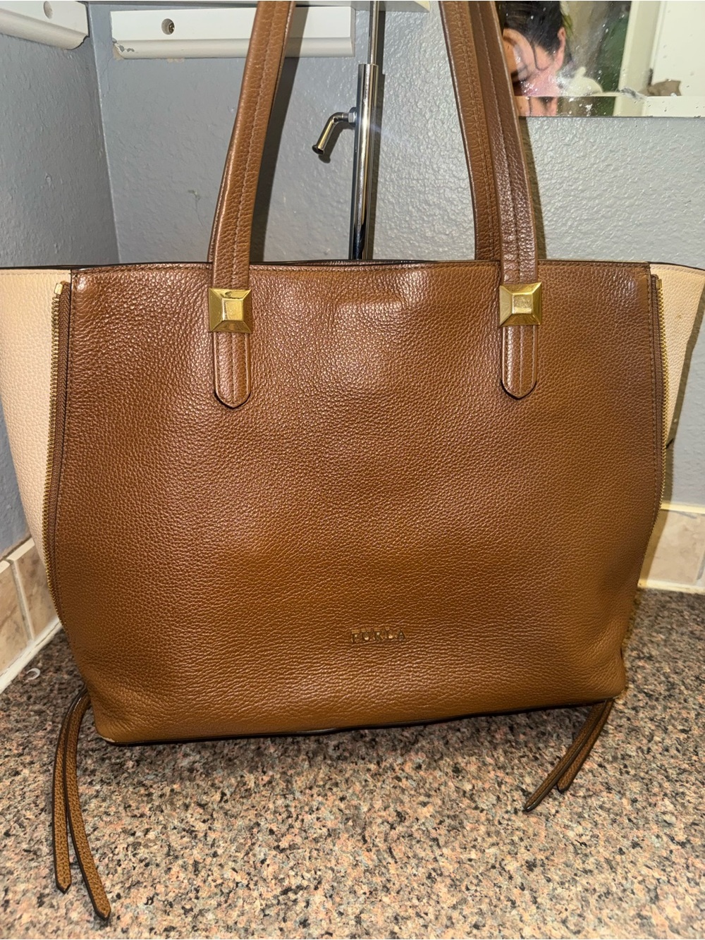 Furla Brown and Cream Leather Tote EUC